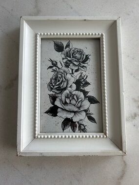 White Beaded Distressed Frame with Black Rose Art